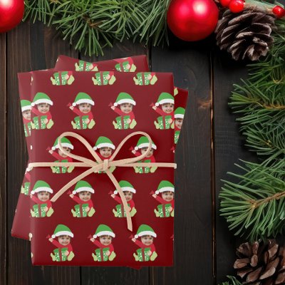 Cute Customized Children&#39;s Photo Elf Christmas Red Wrapping Paper Sheets