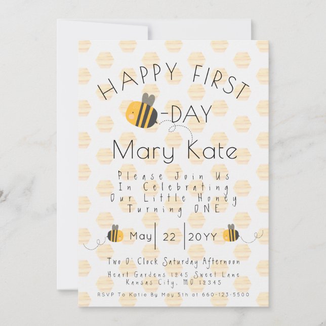 Cute Customized Honey Bee First Birthday Invitation (Front)