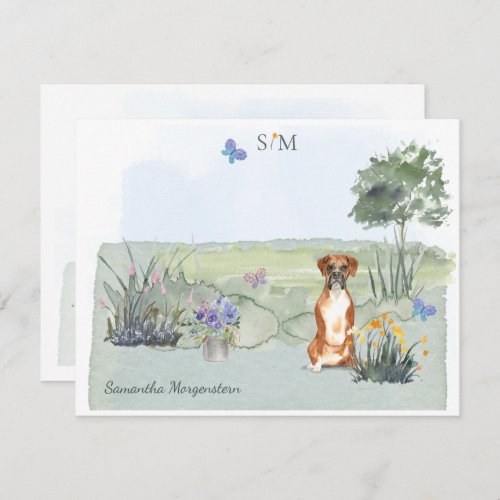 Cute Cute Boxer Dog Butterfly Monogram and Name  Note Card