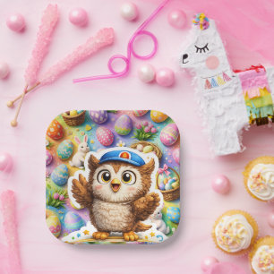 Cute, cute the owl Square Easter egg party paper Plates