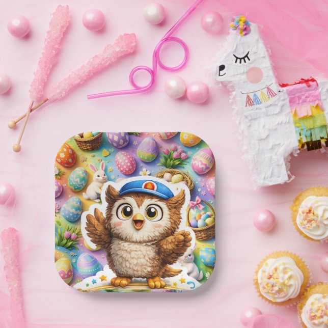 Cute, cute the owl Square Easter egg party paper Plates (Party)