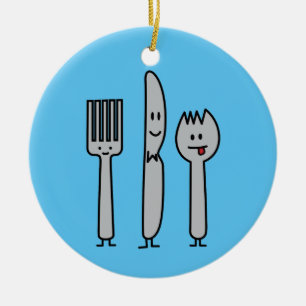 Cute Cutlery Utensils Fork Knife Spork Spoon Happy Ceramic Ornament