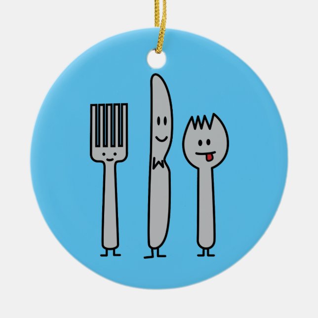 Cute Cutlery Utensils Fork Knife Spork Spoon Happy Ceramic Ornament (Front)