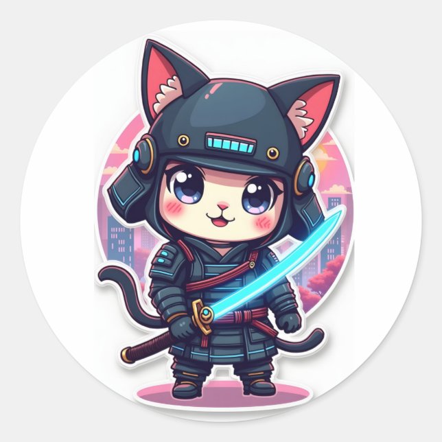 Cute Cyber Samurai Cat Anime Sticker for Laptop |  (Front)