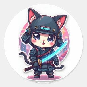 Cute Cyber Samurai Cat Anime Sticker for Laptop   