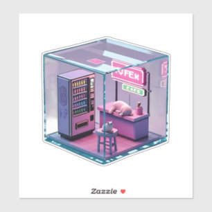 Cute Cyberpunk Cat Cozy Neon 3D Glass Cube Art Sticker