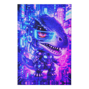 Cute Cyberpunk Dinosaur Neon City Chibi Wall Art
