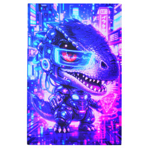 Cute Cyberpunk Dinosaur Neon City Chibi Wall Art