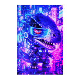 Cute Cyberpunk Dinosaur Neon City Chibi Wall Art