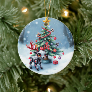 Cute Cyberpunk Reindeer with Christmas Tree Ceramic Ornament