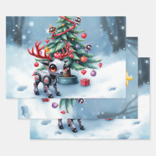 Cute Cyberpunk Reindeer with Christmas Tree Wrapping Paper Sheets