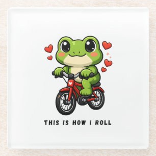 Cute Cycling Frog Kawaii Frog Bicycle Art Glass Coaster