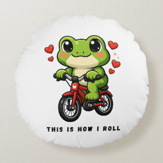 Cute Cycling Frog | Kawaii Frog Bicycle Art Round Pillow