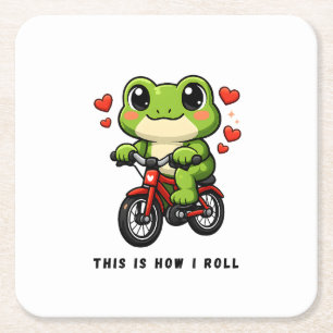 Cute Cycling Frog Kawaii Frog Bicycle Art Square Paper Coaster