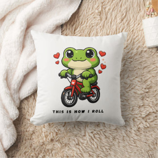 Cute Cycling Frog | Kawaii Frog Bicycle Art Throw Pillow