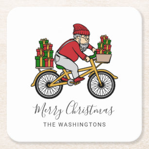 Cute Cyclist Santa Christmas Square Paper Coaster