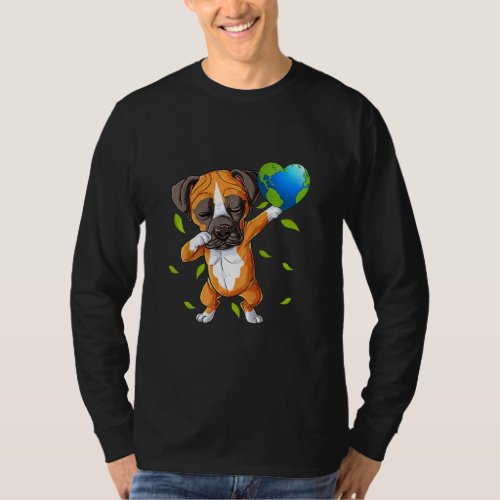 Cute Dabbing Boxer Dog Holding Earth Planet Happy  T_Shirt