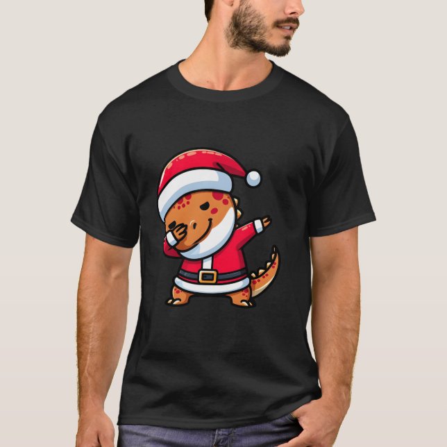 Cute Dabbing Dinosaur Santa Pajama Christmas Famil T-Shirt (Front)