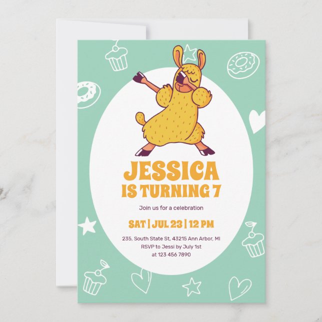 Cute Dabbing Llama Cartoon Kids Birthday Invitation (Front)