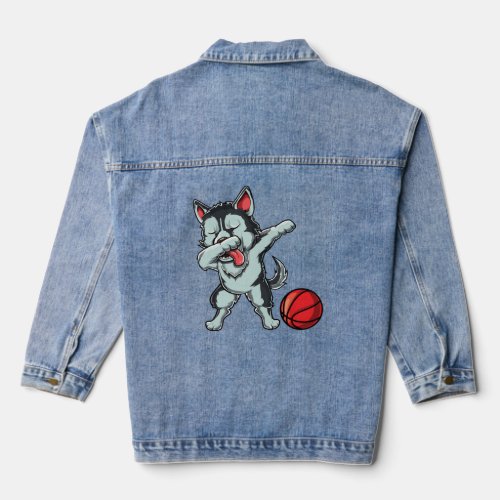 Cute Dabbing Siberian Husky Dog Dab Bball Basketba Denim Jacket