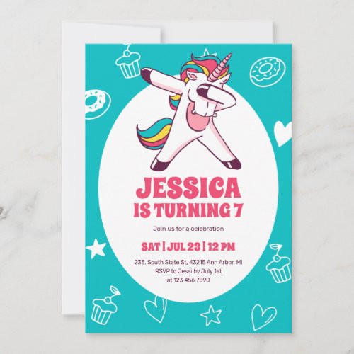 Cute Dabbing Unicorn Cartoon Kids Birthday Invitation