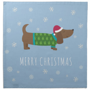 Cute Dachshund and Snowflakes Blue Illustrated Cloth Napkin