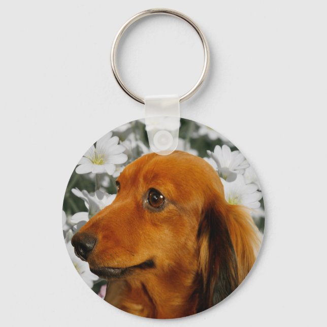 Cute Dachshund (Brown Long Haired) in Flowers Keychain (Front)