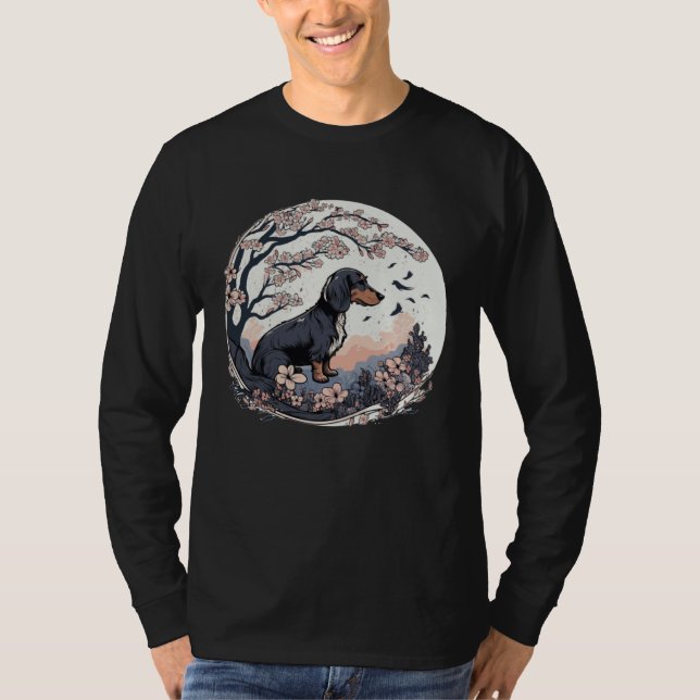 Cute Dachshund Cherry Blossom Dog Breed Japanese W T-Shirt (Front)