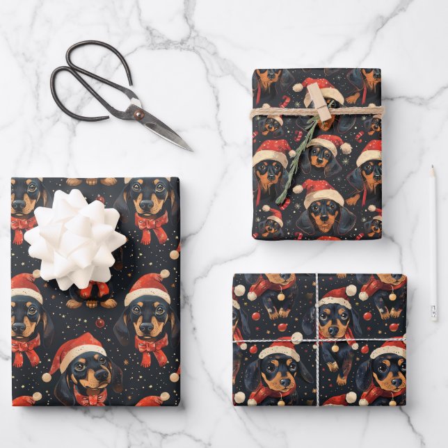 Cute Dachshund Christmas Pattern Wrapping Paper Sheets (Front)