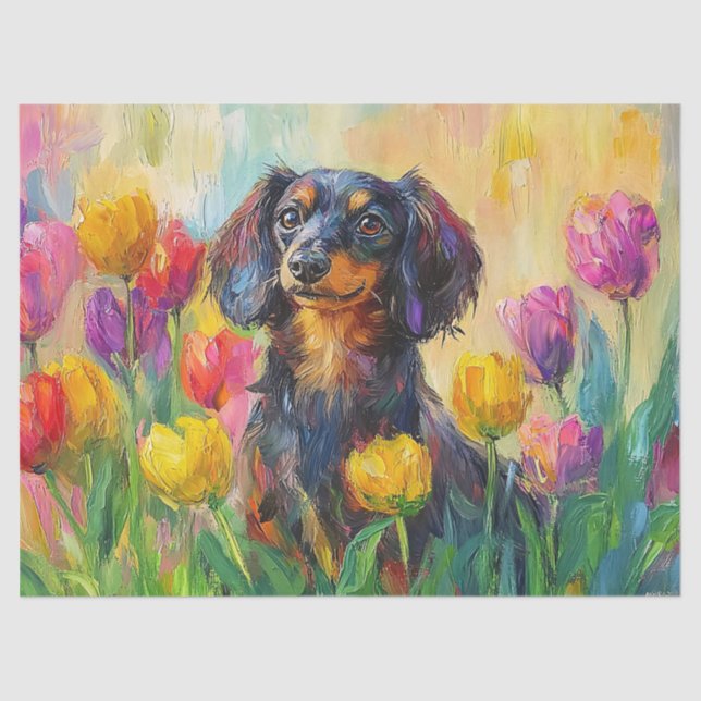 Cute Dachshund Colorful Tulips Decoupage Tissue Paper (Front)