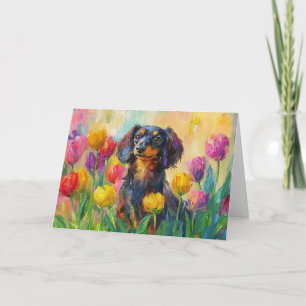 Cute Dachshund Colorful Tulips Painting Card