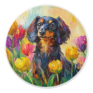 Cute Dachshund Colorful Tulips Painting Ceramic Knob