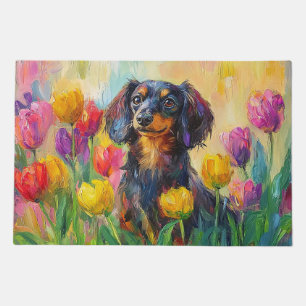 Cute Dachshund Colorful Tulips Painting Doormat