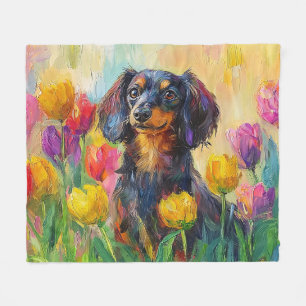 Cute Dachshund Colorful Tulips Painting Fleece Blanket