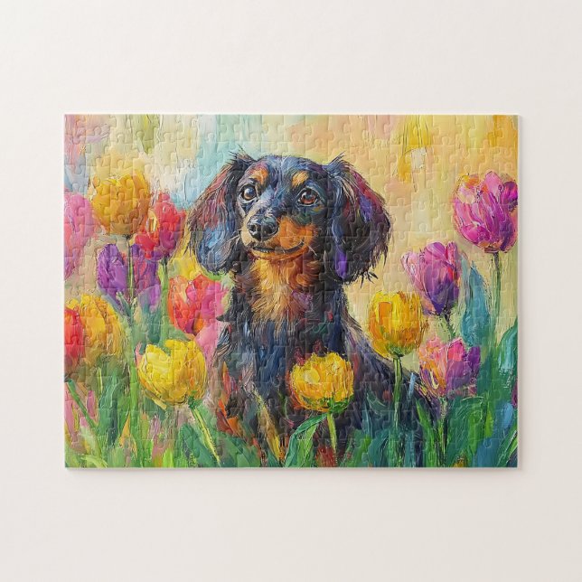Cute Dachshund Colorful Tulips Painting Jigsaw Puzzle (Horizontal)