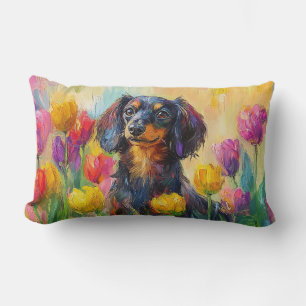 Cute Dachshund Colorful Tulips Painting Lumbar Pillow
