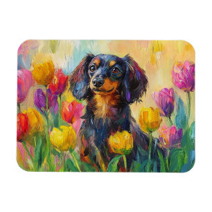 Cute Dachshund Colorful Tulips Painting Magnet