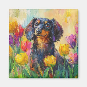Cute Dachshund Colorful Tulips Painting Magnet