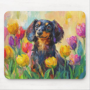 Cute Dachshund Colorful Tulips Painting Mouse Pad