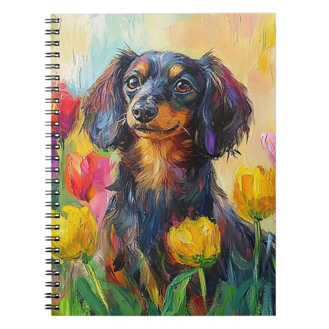 Cute Dachshund Colorful Tulips Painting Notebook (Front)