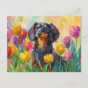 Cute Dachshund Colorful Tulips Painting Postcard