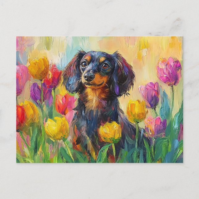 Cute Dachshund Colorful Tulips Painting Postcard (Front)