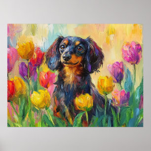 Cute Dachshund Colorful Tulips Painting Poster