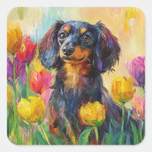 Cute Dachshund Colorful Tulips Painting Square Sticker