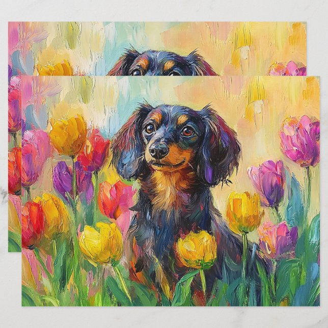 Cute Dachshund Colorful Tulips Scrapbook Paper (Front/Back)