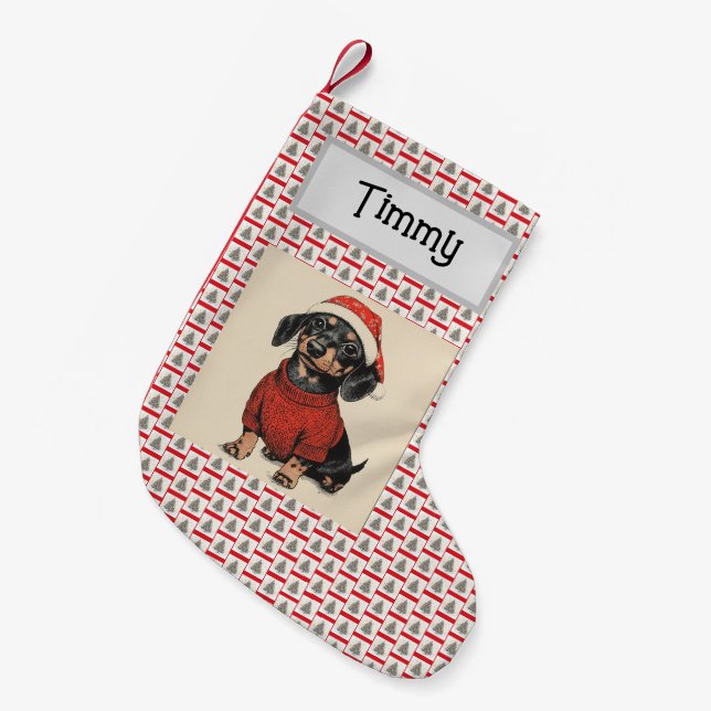Cute Dachshund, Customized With Name, Wiener Dog,  Small Christmas Stocking (Front (Hanging))