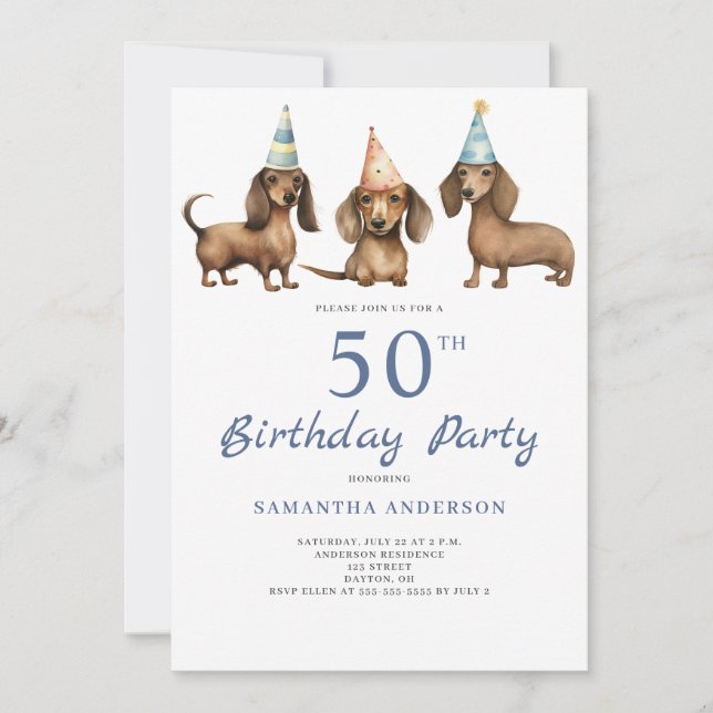 Cute Dachshund Dog 50th Birthday Party  Invitation (Front)