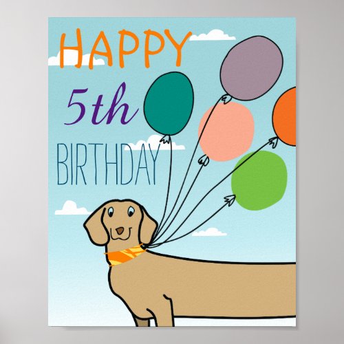 Cute Dachshund Dog  Balloons Happy Birthday Kids Poster
