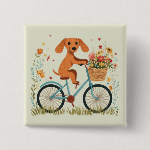 Cute Dachshund Dog Biking Spring Flowers Button