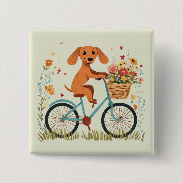 Cute Dachshund Dog Biking Spring Flowers Button (Front)